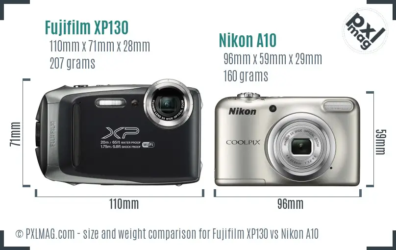 Fujifilm XP130 vs Nikon A10 size comparison