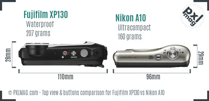 Fujifilm XP130 vs Nikon A10 top view buttons comparison