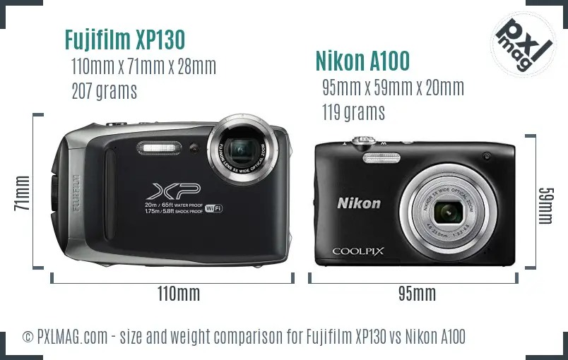 Fujifilm XP130 vs Nikon A100 size comparison