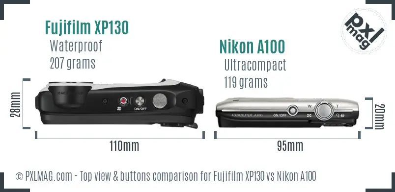 Fujifilm XP130 vs Nikon A100 top view buttons comparison