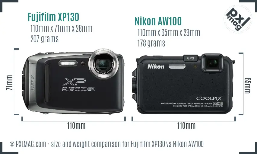 Fujifilm XP130 vs Nikon AW100 size comparison