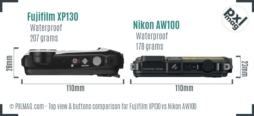 Fujifilm XP130 vs Nikon AW100 top view buttons comparison