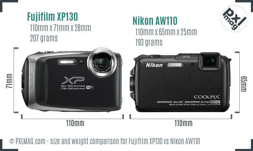 Fujifilm XP130 vs Nikon AW110 size comparison