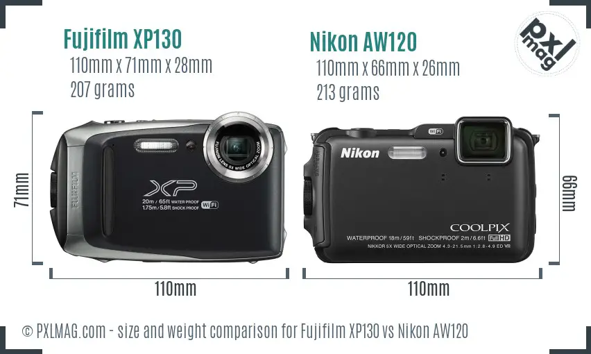 Fujifilm XP130 vs Nikon AW120 size comparison