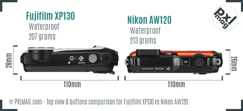 Fujifilm XP130 vs Nikon AW120 top view buttons comparison