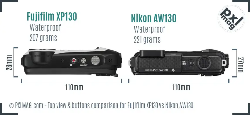 Fujifilm XP130 vs Nikon AW130 top view buttons comparison