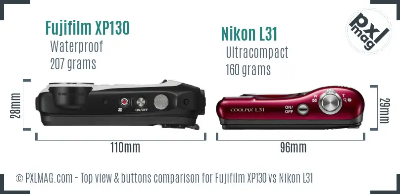 Fujifilm XP130 vs Nikon L31 top view buttons comparison