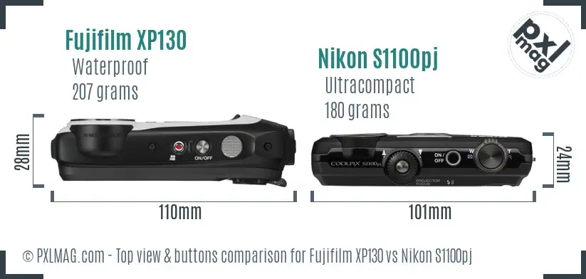 Fujifilm XP130 vs Nikon S1100pj top view buttons comparison Fujifilm XP130 vs Nikon S1100pj top view buttons comparison