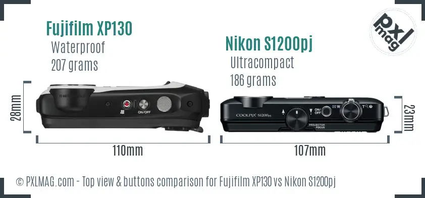 Fujifilm XP130 vs Nikon S1200pj top view buttons comparison