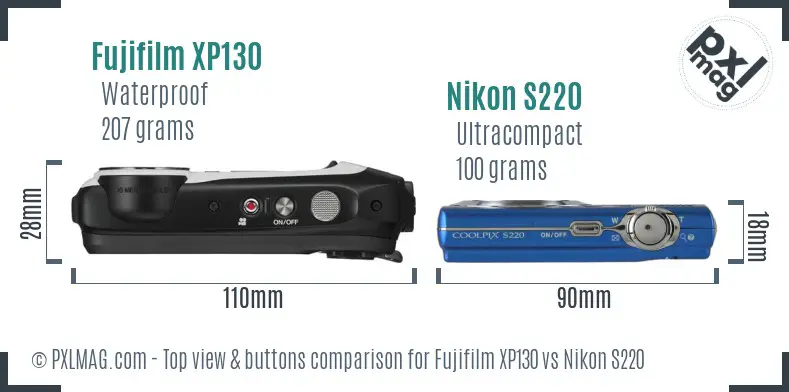 Fujifilm XP130 vs Nikon S220 top view buttons comparison Fujifilm XP130 vs Nikon S220 top view buttons comparison