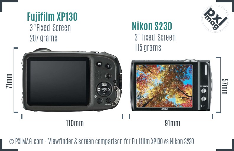 Fujifilm XP130 vs Nikon S230 Screen and Viewfinder comparison