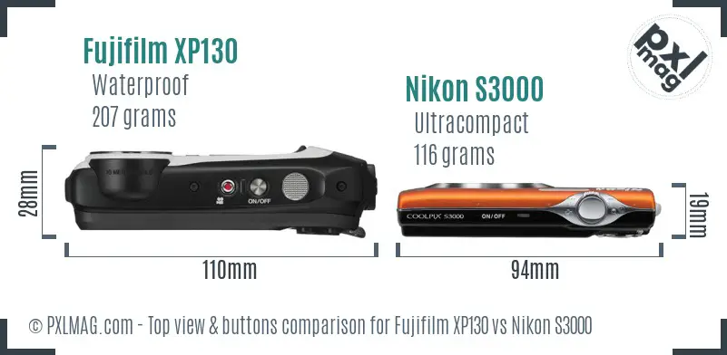 Fujifilm XP130 vs Nikon S3000 top view buttons comparison Fujifilm XP130 vs Nikon S3000 top view buttons comparison