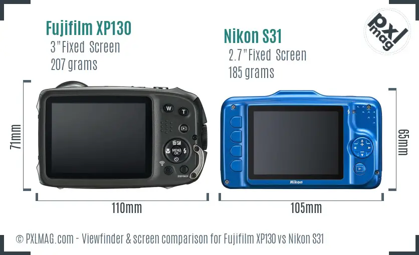 Fujifilm XP130 vs Nikon S31 Screen and Viewfinder comparison