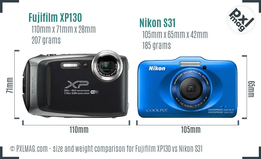 Fujifilm XP130 vs Nikon S31 size comparison