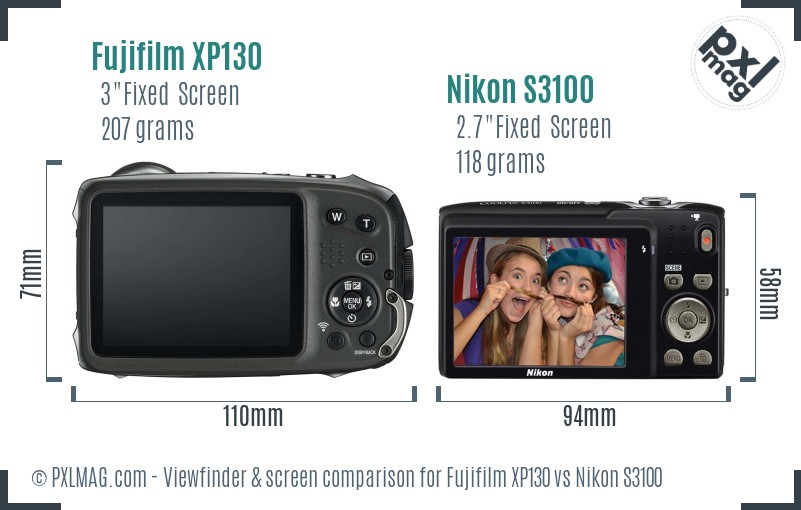 Fujifilm XP130 vs Nikon S3100 Screen and Viewfinder comparison