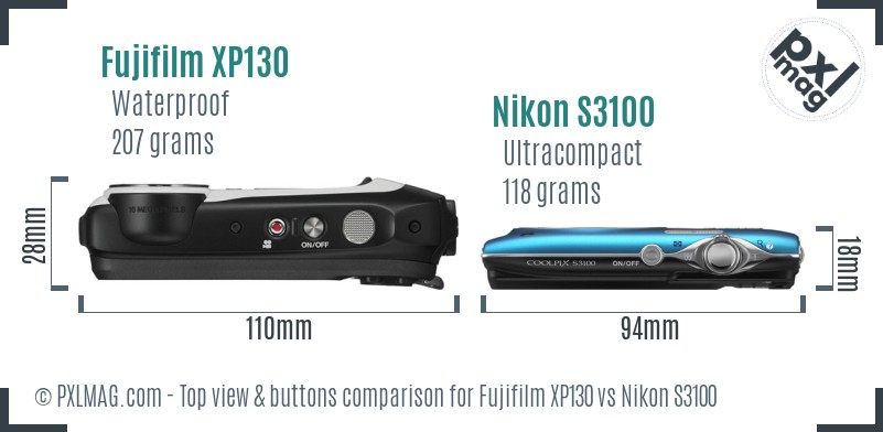 Fujifilm XP130 vs Nikon S3100 top view buttons comparison