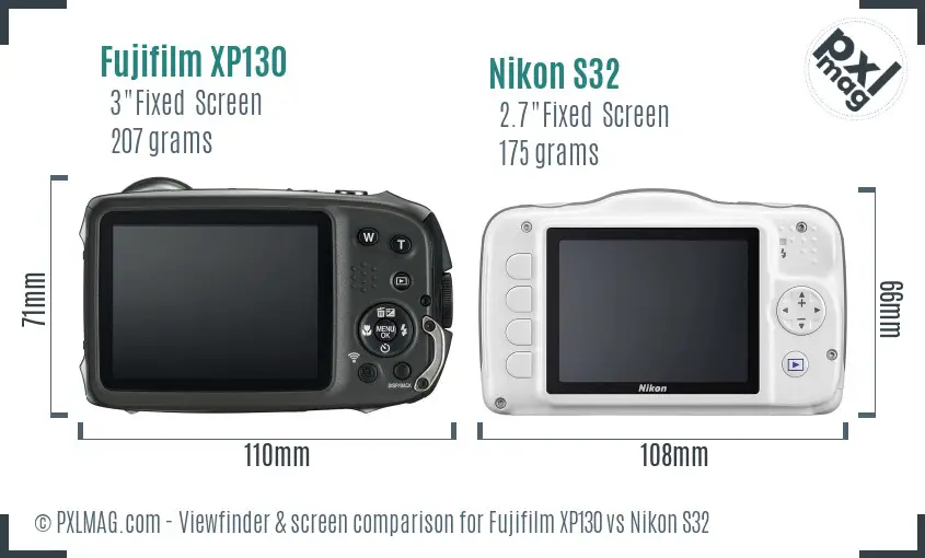 Fujifilm XP130 vs Nikon S32 Screen and Viewfinder comparison