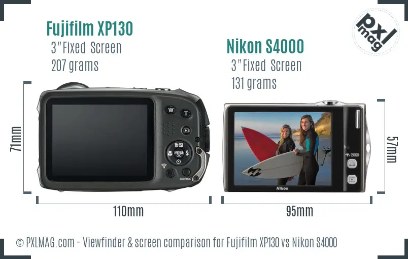 Fujifilm XP130 vs Nikon S4000 Screen and Viewfinder comparison