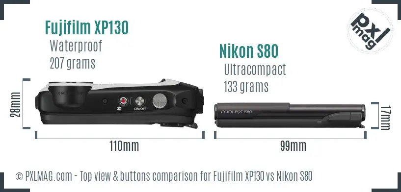 Fujifilm XP130 vs Nikon S80 top view buttons comparison Fujifilm XP130 vs Nikon S80 top view buttons comparison