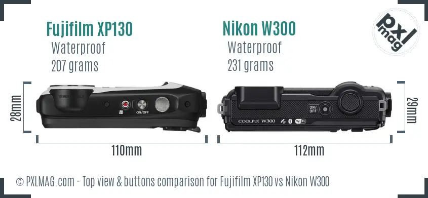 Fujifilm XP130 vs Nikon W300 top view buttons comparison