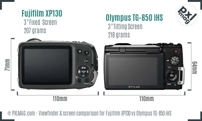 Fujifilm XP130 vs Olympus TG-850 iHS Screen and Viewfinder comparison