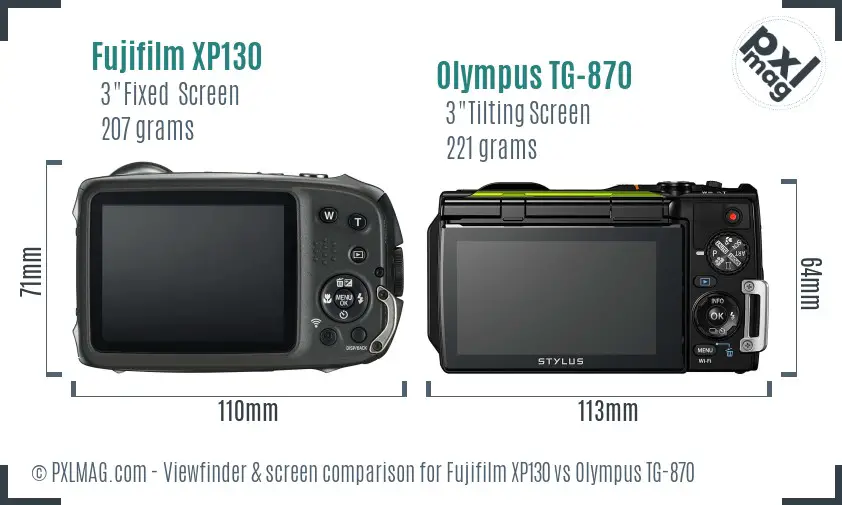 Fujifilm XP130 vs Olympus TG-870 Screen and Viewfinder comparison