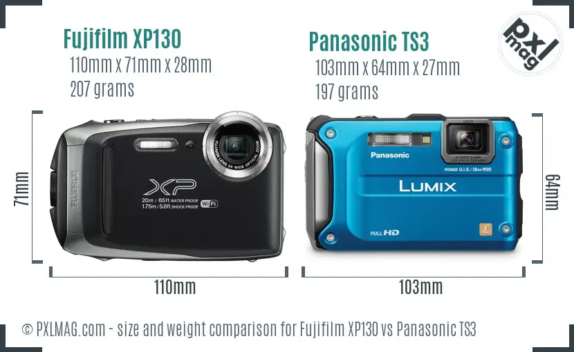 Fujifilm XP130 vs Panasonic TS3 size comparison