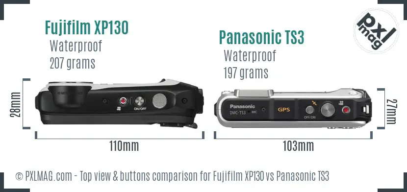 Fujifilm XP130 vs Panasonic TS3 top view buttons comparison