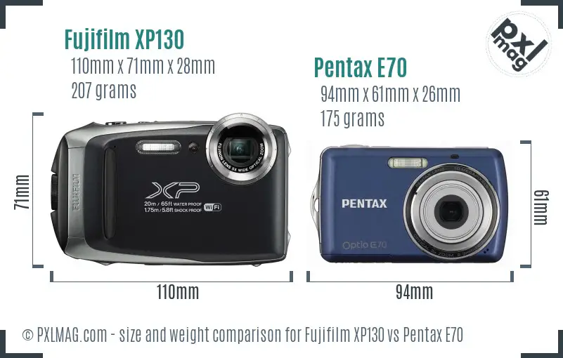 Fujifilm XP130 vs Pentax E70 size comparison