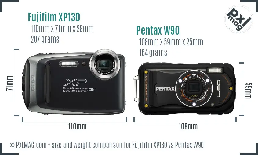 Fujifilm XP130 vs Pentax W90 size comparison