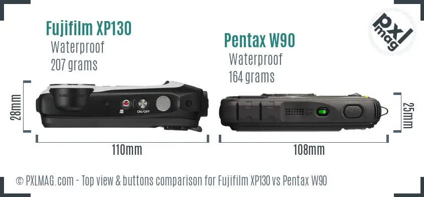Fujifilm XP130 vs Pentax W90 top view buttons comparison
