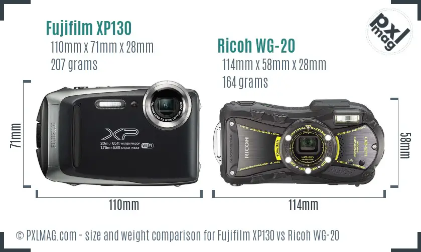 Fujifilm XP130 vs Ricoh WG-20 size comparison
