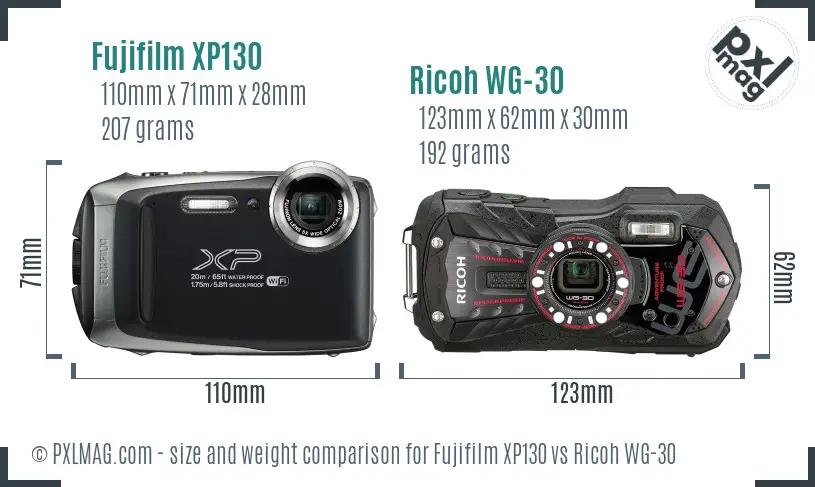 Fujifilm XP130 vs Ricoh WG-30 size comparison