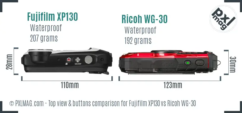 Fujifilm XP130 vs Ricoh WG-30 top view buttons comparison