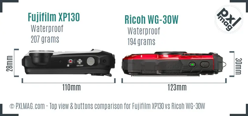 Fujifilm XP130 vs Ricoh WG-30W top view buttons comparison