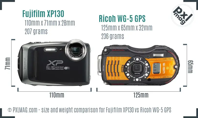 Fujifilm XP130 vs Ricoh WG-5 GPS size comparison