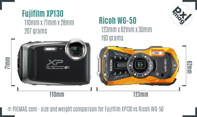 Fujifilm XP130 vs Ricoh WG-50 size comparison
