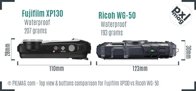 Fujifilm XP130 vs Ricoh WG-50 top view buttons comparison