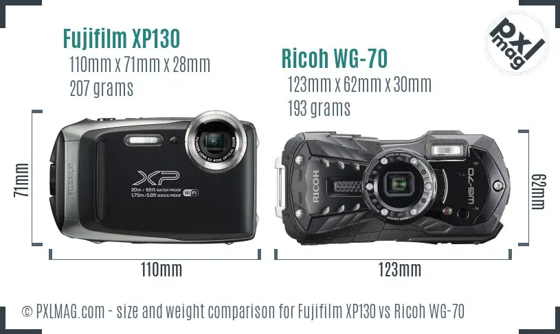 Fujifilm XP130 vs Ricoh WG-70 size comparison