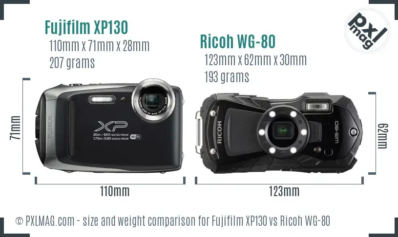Fujifilm XP130 vs Ricoh WG-80 size comparison