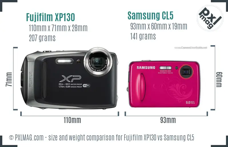 Fujifilm XP130 vs Samsung CL5 size comparison
