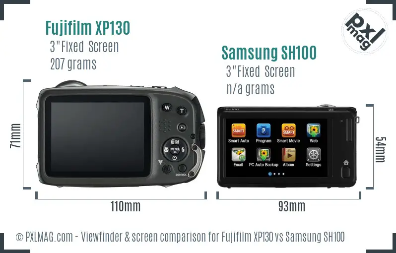 Fujifilm XP130 vs Samsung SH100 Screen and Viewfinder comparison