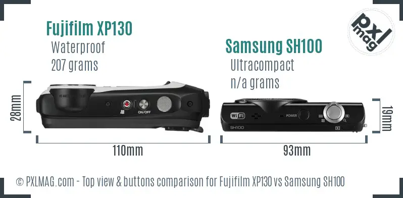Fujifilm XP130 vs Samsung SH100 top view buttons comparison