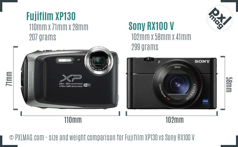 Fujifilm XP130 vs Sony RX100 V size comparison