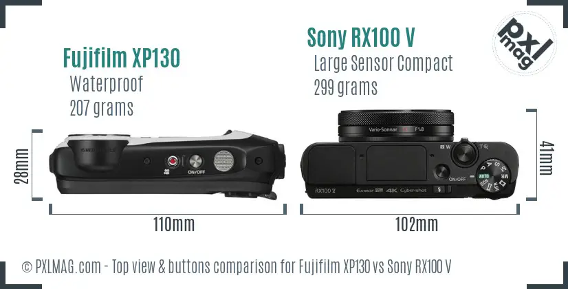 Fujifilm XP130 vs Sony RX100 V top view buttons comparison