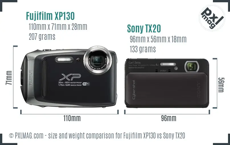 Fujifilm XP130 vs Sony TX20 size comparison