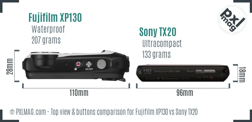 Fujifilm XP130 vs Sony TX20 top view buttons comparison