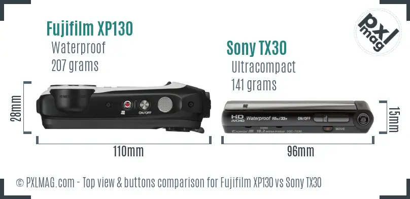 Fujifilm XP130 vs Sony TX30 top view buttons comparison