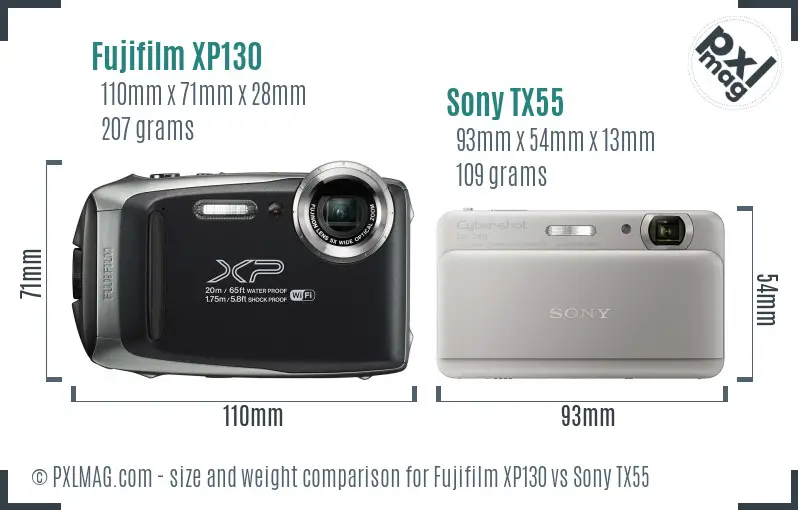 Fujifilm XP130 vs Sony TX55 size comparison