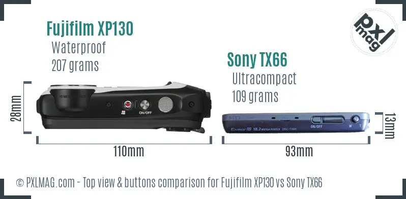 Fujifilm XP130 vs Sony TX66 top view buttons comparison